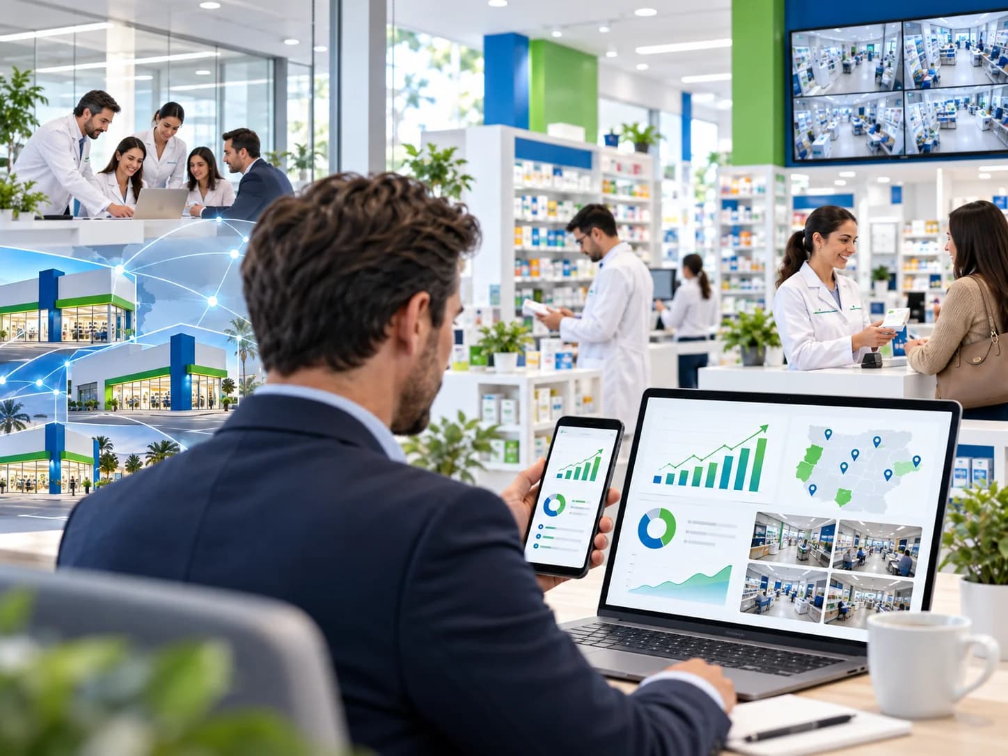 Inversionista revisando el mercado de farmacias FarmaBlanca