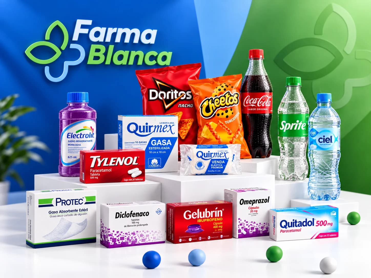 Productos FarmaBlanca: medicamentos, material de curación, bebidas y snacks